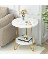 Tribesigns Faux Marble End Table Set of 2, 2 Tier Round Side Table with Shelves, Modern Gold Nightstand Bedside Table Small Coffee Accent Table for Li