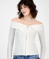 Bar Iii Women's Off-The-Shoulder Zippered Long-Sleeve Top, Exclusively at Macy's