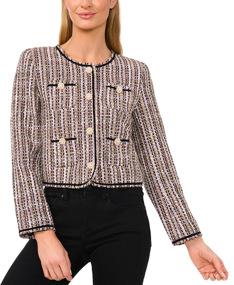 CeCe Women's Collarless Patch Pocket Tweed Jacket