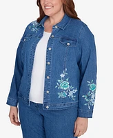 Alfred Dunner Plus Lake Victoria Floral Embroidered Denim Jacket