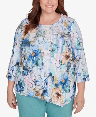 Alfred Dunner Plus Lake Victoria Watercolor Floral Asymmetric Hem Top