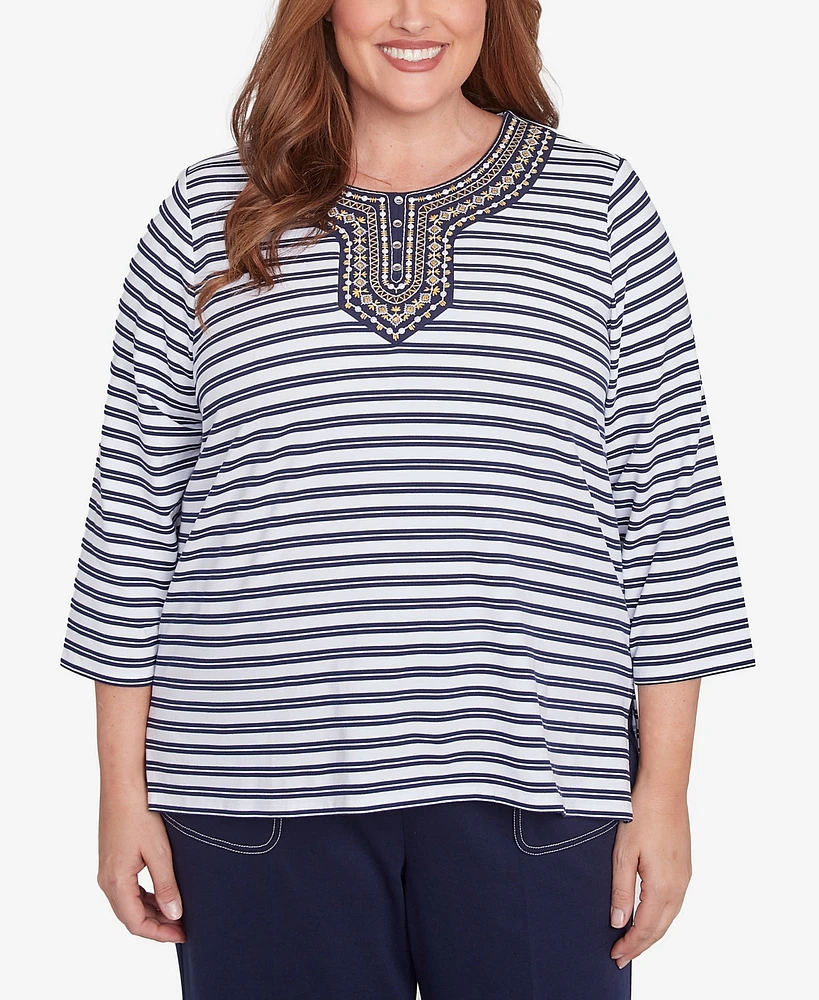 Alfred Dunner Plus Block Island Striped Top with Embroidered Neckline