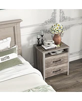 Gymax Nightstand w/ 2 Drawers Farmhouse Bed Side Table w/ Open Storage Shelf