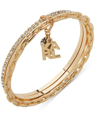 Karl Lagerfeld Paris Two-Tone Crystal Disco Ball & Logo Charm Triple-Row Bangle Bracelet