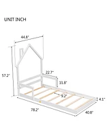 Streamdale Furniture Twin House-Shaped Headboard Floor Bed With Handrails, Slats, White