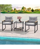Costway 3 Pcs Outdoor Conversation Set with 2-Layer Side Table Acacia Wood Armrests