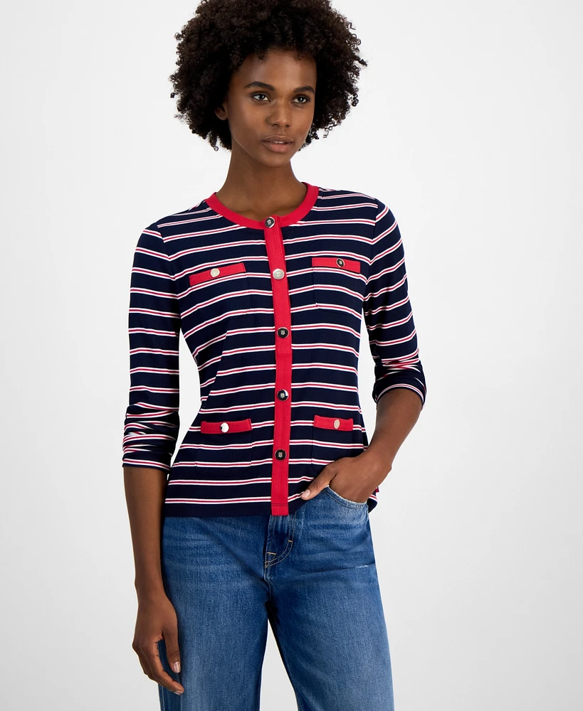 Tommy Hilfiger Women's Striped Contrast-Trim Button Cardigan