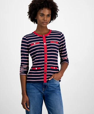 Tommy Hilfiger Women's Striped Contrast-Trim Button Faux Cardigan