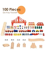 Gouun Children's Wooden Railway Set Table with 100 Pieces Storage Drawers