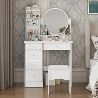 Famapy 5-Drawers Pink Makeup Vanity Dressing Table Set with Stool, Mirror and Storage Shelves Girls Dressing Table