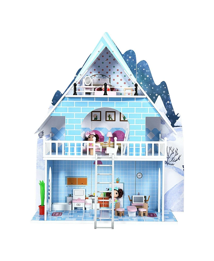 Gouun Wooden Dollhouse 3-Story Pretend Playset with Furniture and Doll Gift for Age 3+ Year