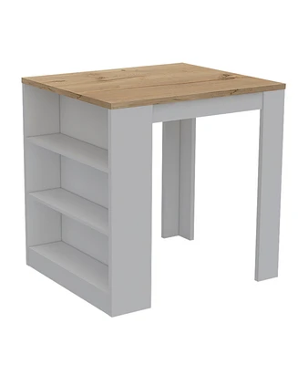 Milos Kitchen Island Table, Two Legs, Three Side Shelves, White / Pine