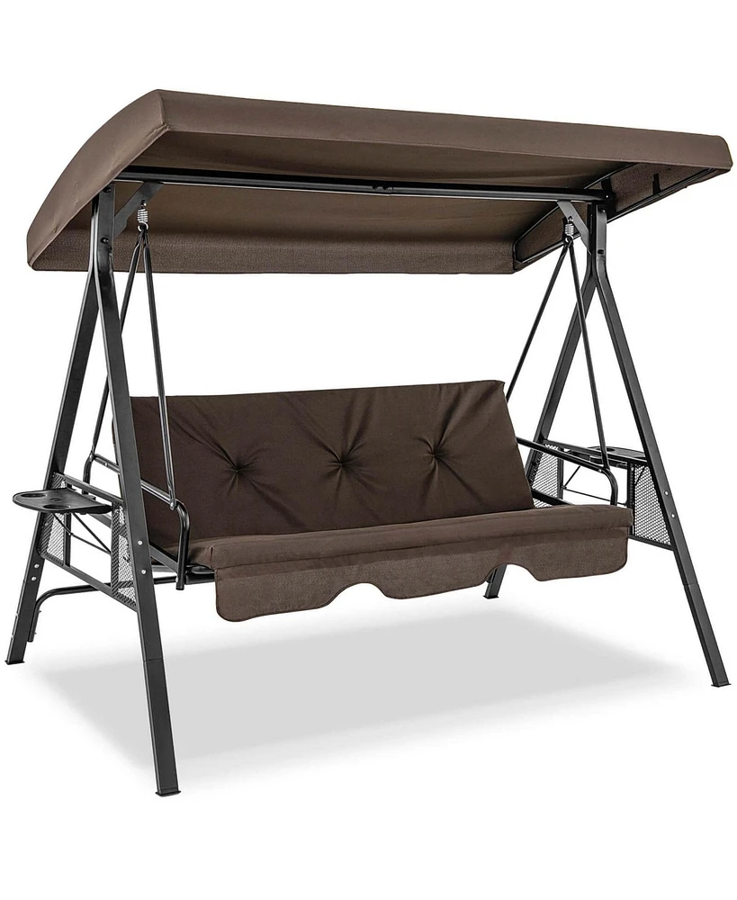 Costway 3-Seat Patio Porch Swing with Adjustable Canopy Soft Seat Back Cushions Side Tables