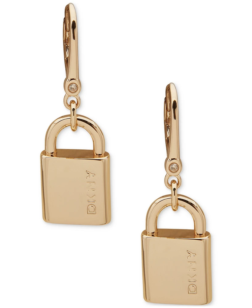 Dkny Gold-Tone Polished Logo Padlock Leverback Drop Earrings