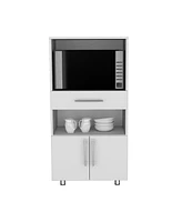 Wales Kitchen Pantry 48" H, Two Open Storage Shelves, One for Microwave, Two Doors, Four Legs