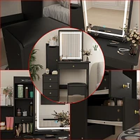 Homsee Grey Wood Silding Led Mirror Makeup Vanity Sets Dresser Table Sets With Storage Shelves, 4-Drawers and Stool