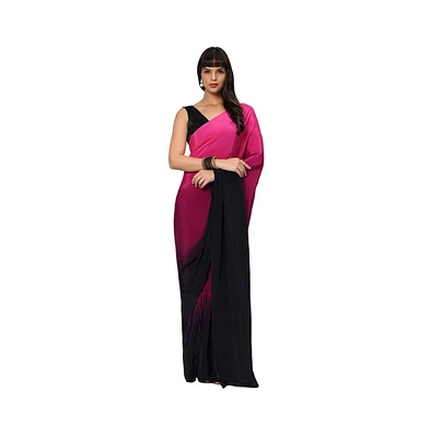 One Minute Saree Petite Alia Pink & Dark Grey Ombre Crepe Ready to Wear Sari