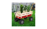 Slickblue Garden Wagon with Iron Frame and Wood Panels, Four-Wheel Design for Outdoor Gardening