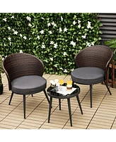 Sugift 3 Pieces Patio Rattan Bistro Set with 2 Seat Cushions and Tempered Glass Tabletop