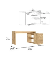 Depot E-Shop Boston L-Shaped Desk, Single Door Cabinet, Two Open Shelves, Interior Light Oak