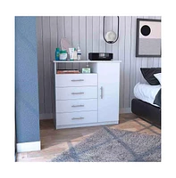 Rioja 4 Drawer Dresser, One Open Shelf, Superior Top, Single Door Cabinet, White