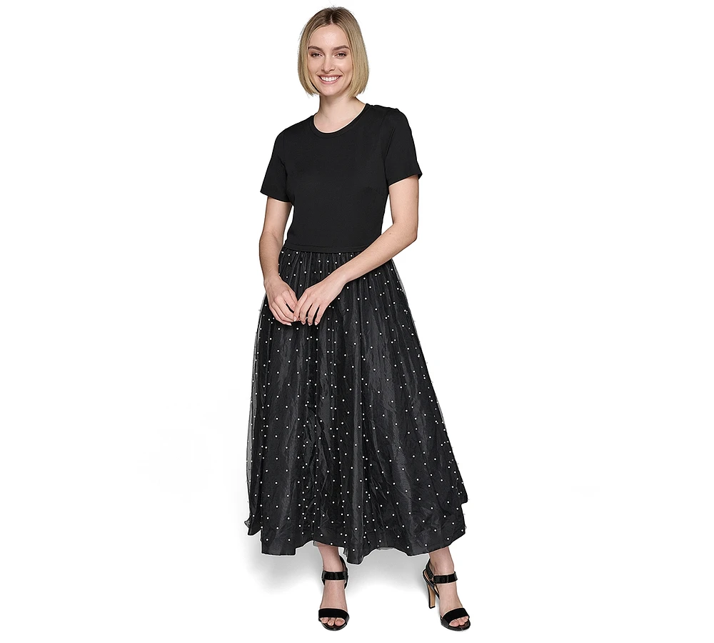 Karl Lagerfeld Paris Women's Mixed-Media Embellished Fit & Flare Dress