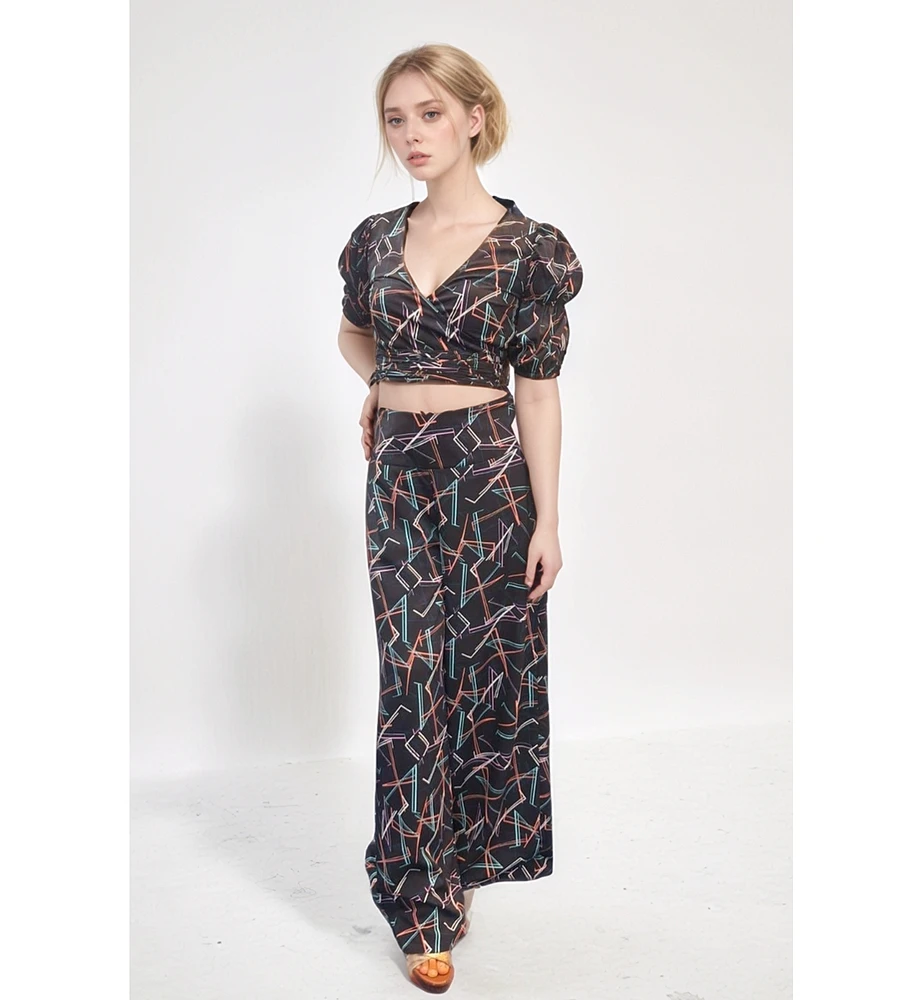 Creea the Label Women's Geometric Print Puff Sleeve Crop Top and Trousers Co-Ord Set