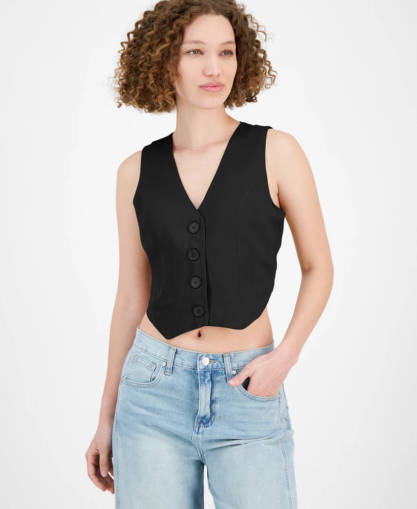 And Now This Women's V-Neck Button-Font Cropped Vest