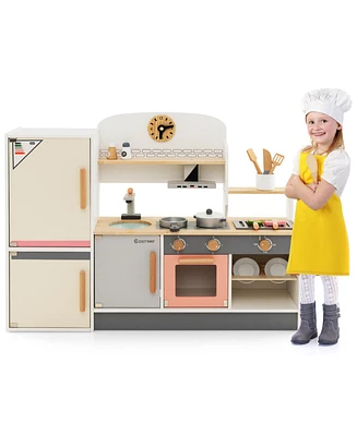 Hongge Kids Play Kitchen Set with Realistic Range Hood and Refrigerator