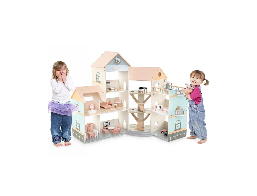 Hongge Wooden Corner Dollhouse Playset with 41 Pieces Accessories for Kids 3+ Years Old
