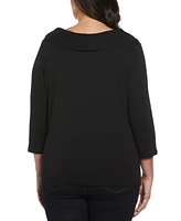 Rafaella Plus Ribbed Marilyn Neck 3/4 Sleeve Top with Decorative Brooch