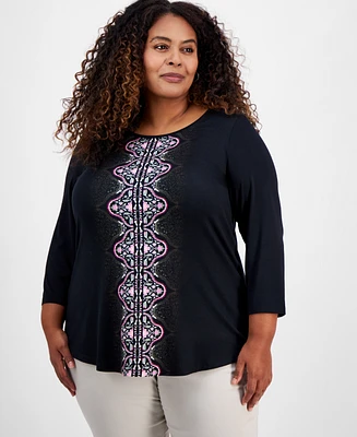 Jm Collection Plus Printed 3/4 Sleeve Top, Exclusively at Macy's