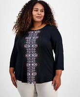 Jm Collection Plus Printed 3/4 Sleeve Top, Exclusively at Macy's