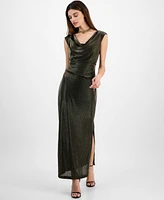 Connected Petite Cowlneck Metallic-Threaded Evening Gown