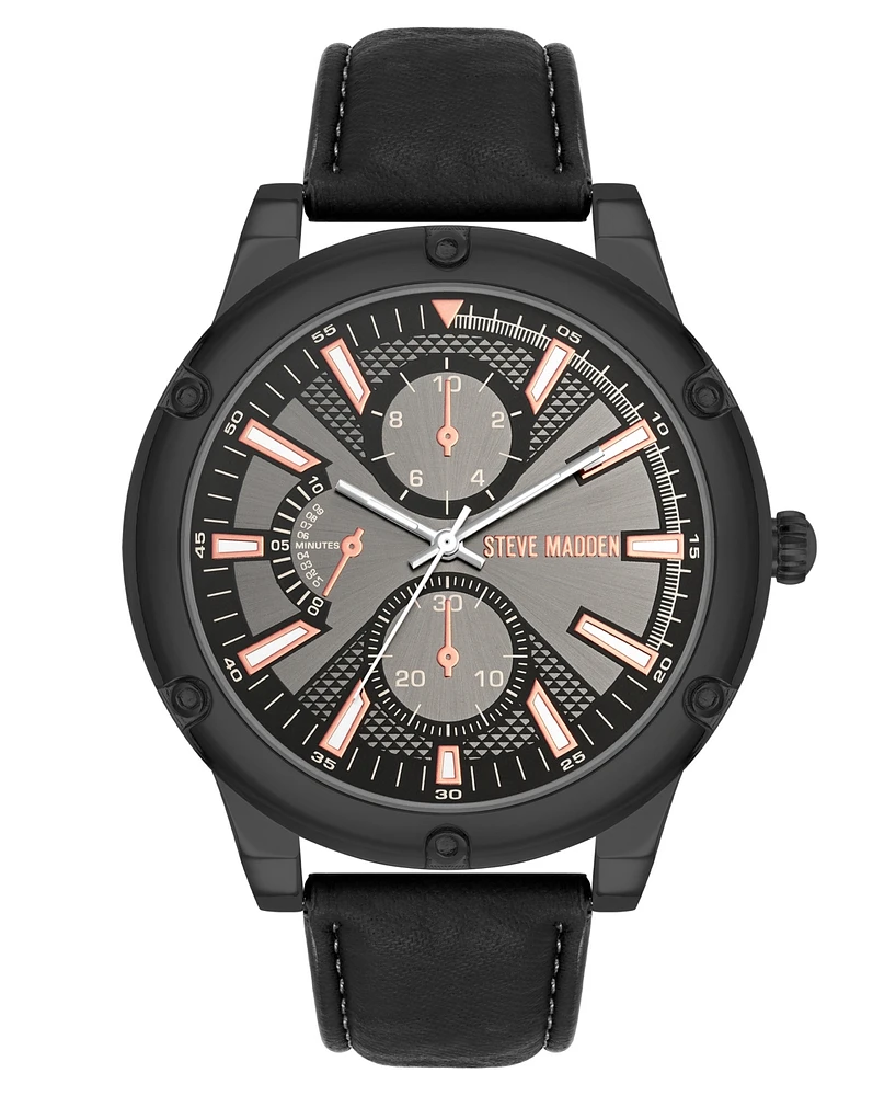 Steve Madden Men's Sleek Black Faux Leather and Dark Gray Alloy Metal Watch, 48.5mm