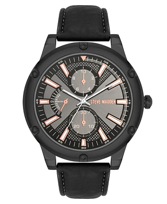 Steve Madden Men's Sleek Black Faux Leather and Dark Gray Alloy Metal Watch, 48.5mm