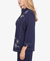 Alfred Dunner Women's Block Island Embroidered Daisy French Terry Jacket