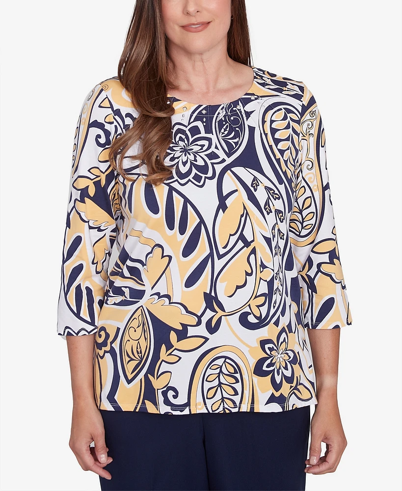 Alfred Dunner Women's Block Island Dramatic Paisley Crew Neck Top