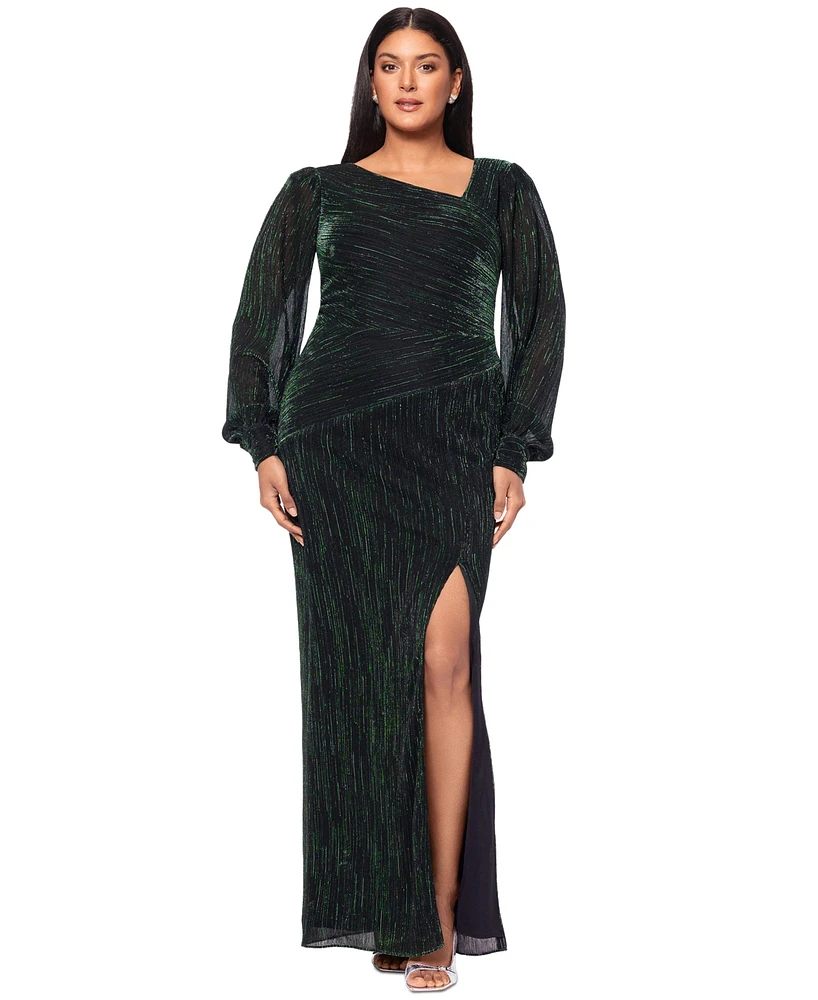 Betsy & Adam Plus Metallic Asymmetric Long-Sleeve Gown