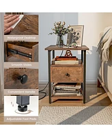 Gymax Nightstand Bedside Sofa End Table w/ Charging Station Open Shelves & Drawer