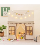 Hongge Toddler Large Playhouse with Star String Lights-Brown