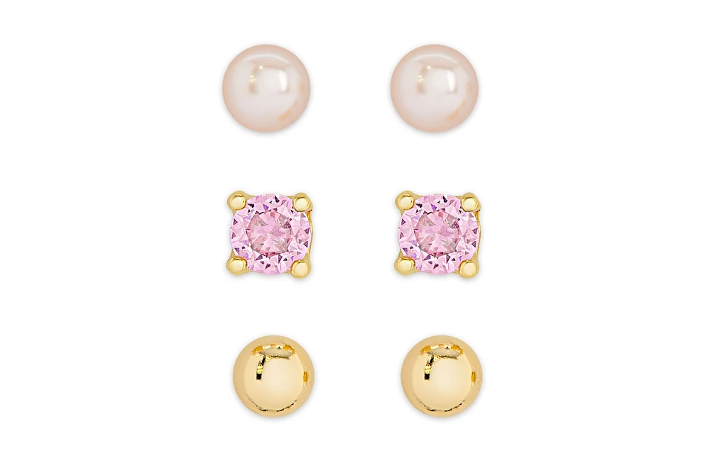 Lily Nily Girls Freshwater Pearl & Pink Cz 3 Pairs Studs Set in 18k Gold over Sterling Silver