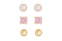 Lily Nily Girls Freshwater Pearl & Pink Cz 3 Pairs Studs Set in 18k Gold over Sterling Silver