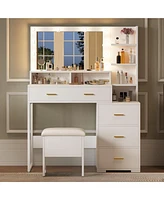 gaomon Vanity Desk with Mirror and Lights, Makeup Vanity with 5 Drawer, 3 Level Cabinets & 3 Tiers of Open Shelves