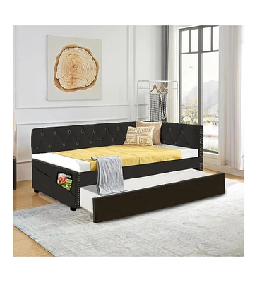 Streamdale Furniture Black Upholstered Twin Size Daybed Bed Frame (Corner Bed) With Trundle, Velvet Fabric, Studding Design, No Box Spring Required, F