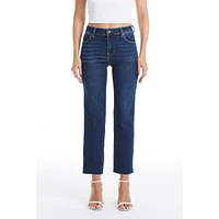 Bayeas Women's Mid Rise Straight Jeans Raw Edge Dark Blue