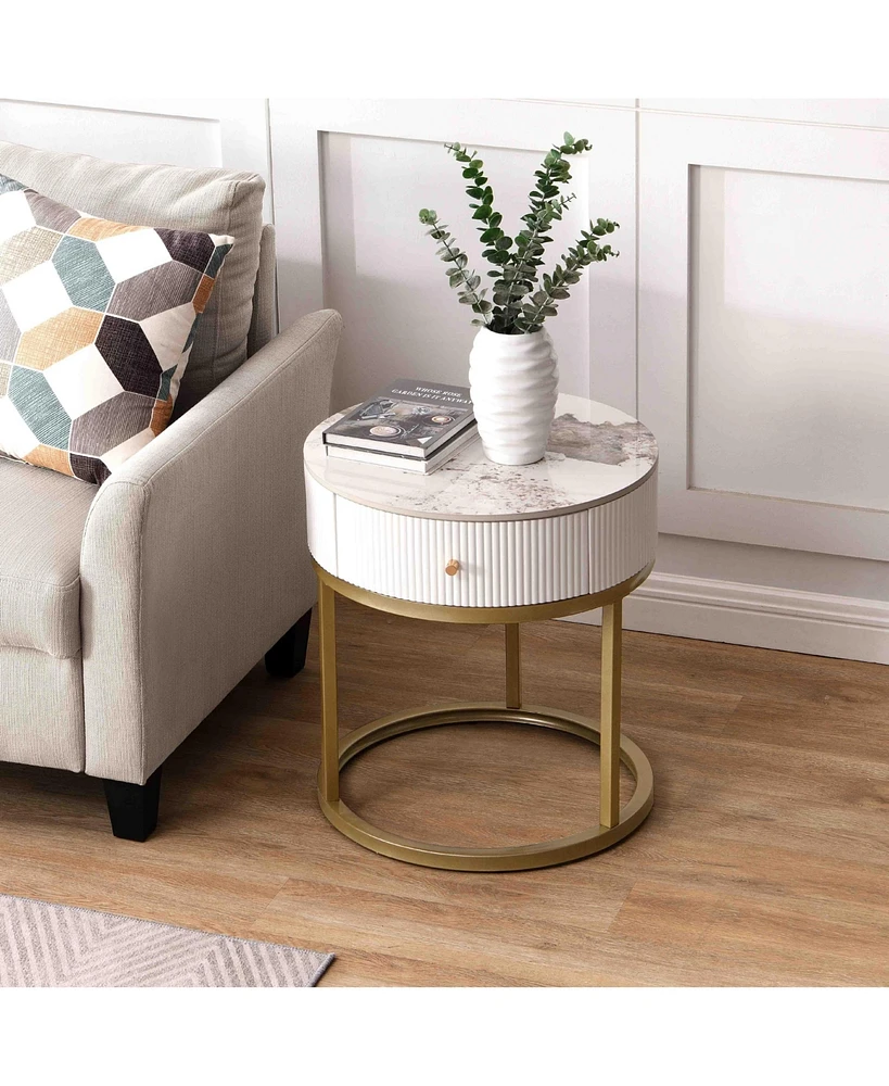 Lovmor 19.68 Inch Modern Nightstand with Drawer, Marble Round End Table with storage, Side Table for Living Room&Bedroom