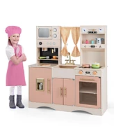 Hongge Kids Kitchen Playset with Microwave and Coffee Maker for Ages 3+-Pink