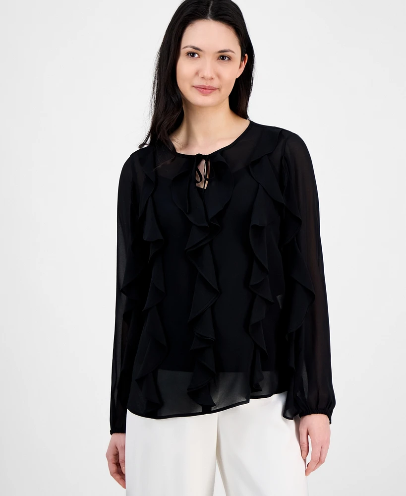 Anne Klein Women's Ruffled Tie-Neck Blouson-Sleeve Top