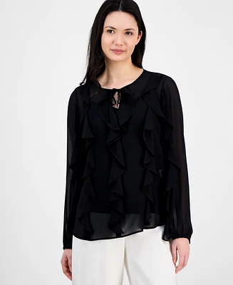 Anne Klein Women's Ruffled Tie-Neck Blouson-Sleeve Top